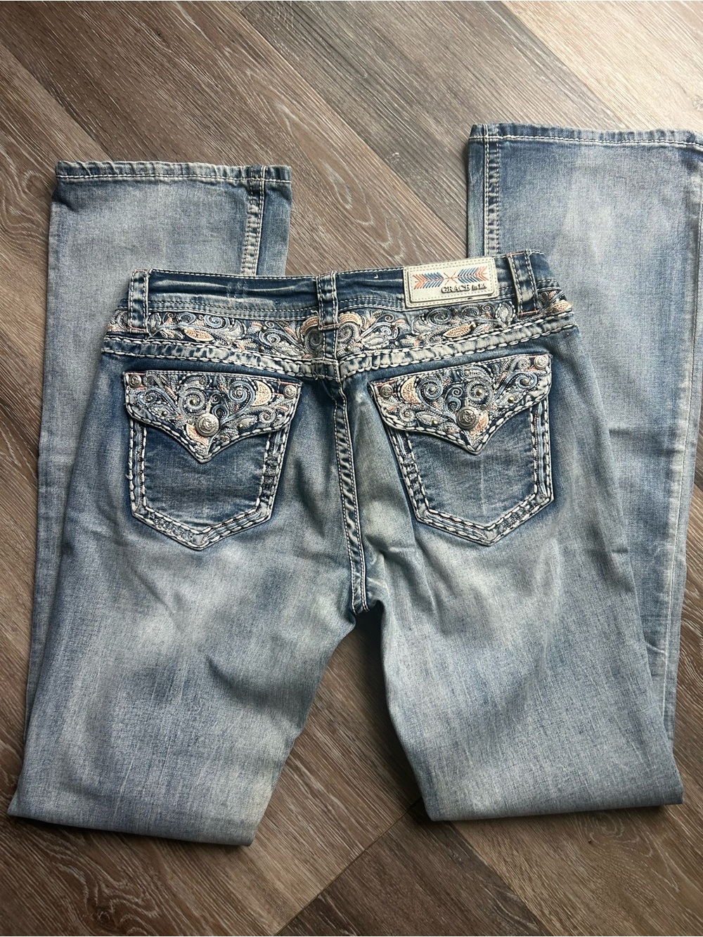 Grace in LA Light Wash Embroidered Bootcut Jeans Inseam appx 32 1/2”